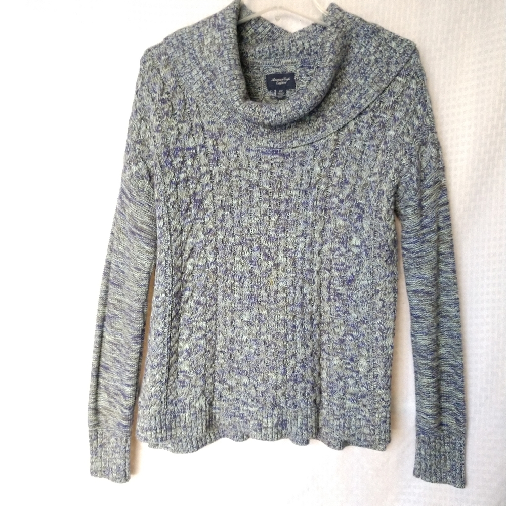 AEO Cowl Neck Sweater Purple Green Heathered Cable Knit Size Medium Chest 40"